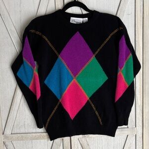 VTG Donagain Angora Lambswool Argyle Sweater - Black/Multicolor - Small